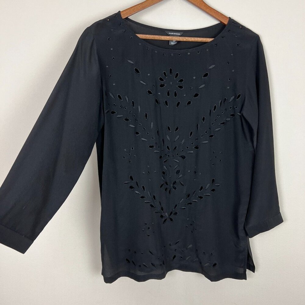 CLUB MONACO Tunic Top Womens Small Black Silk Eyelet 3/4‎ Sleeve Sheer Blouse S - Picture 15 of 16